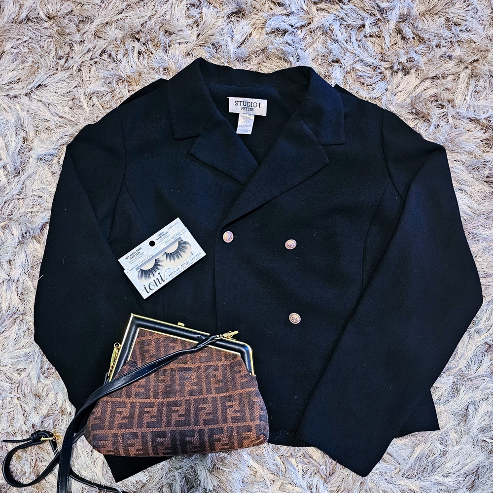 Black Double-Breasted Blazer with Brown 'Fendi' Crossbody